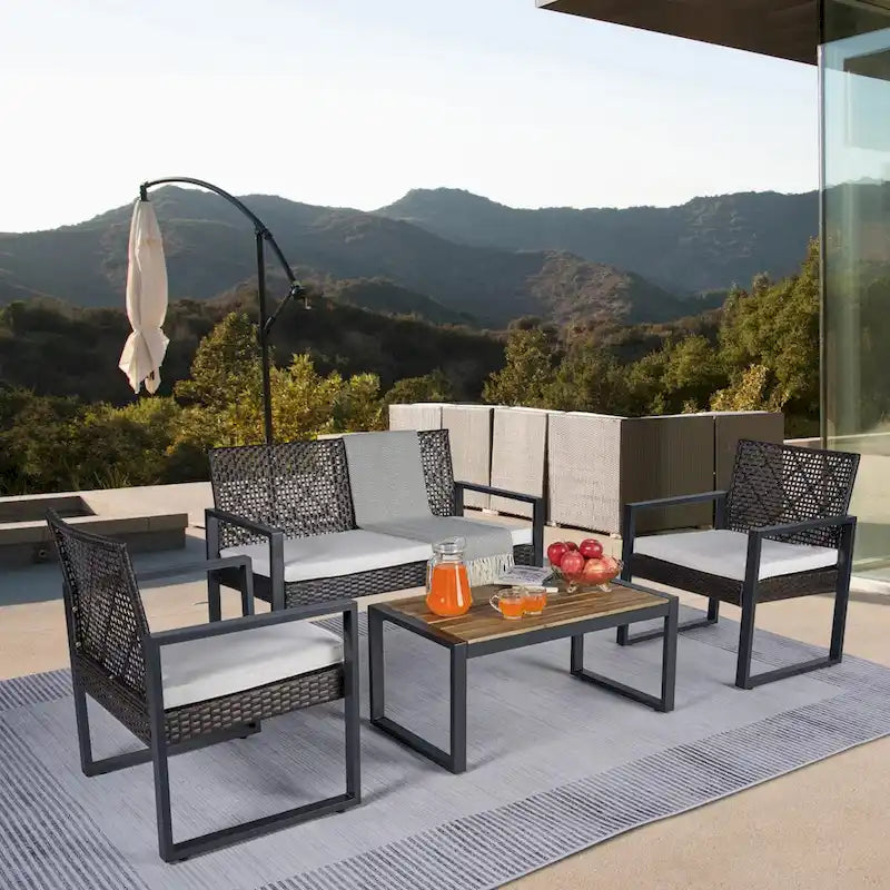 Ensemble de mobilier de patio 4 pièces pour balcon, véranda, jardin, cour et pelouse : plateau de table en bois d'acacia, coussins marron et beige