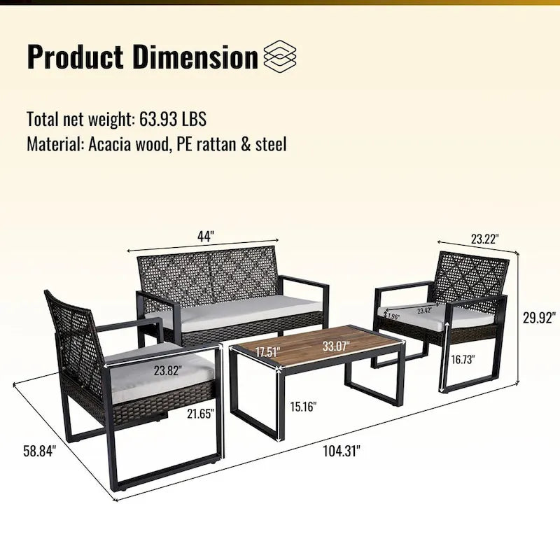 Ensemble de mobilier de patio 4 pièces pour balcon, véranda, jardin, cour et pelouse : plateau de table en bois d'acacia, coussins marron et beige