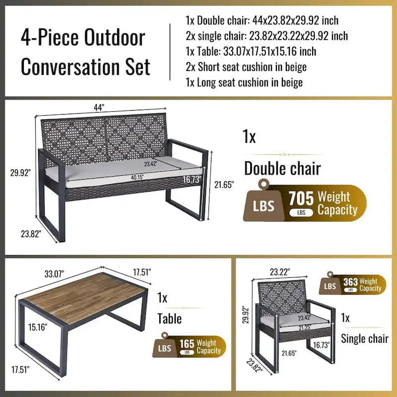Ensemble de mobilier de patio 4 pièces pour balcon, véranda, jardin, cour et pelouse : plateau de table en bois d'acacia, coussins marron et beige