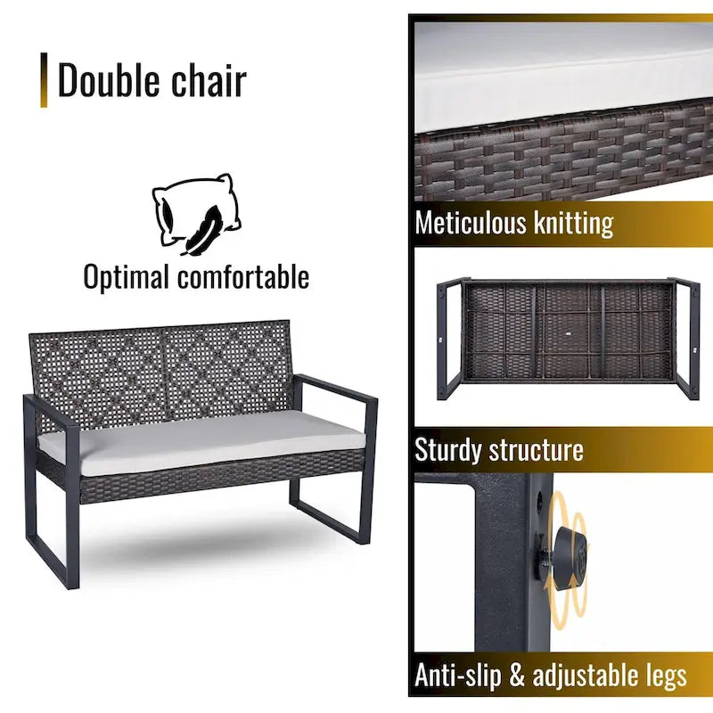 Ensemble de mobilier de patio 4 pièces pour balcon, véranda, jardin, cour et pelouse : plateau de table en bois d'acacia, coussins marron et beige