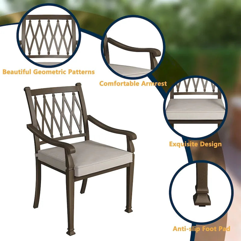 Chaises de salle à manger de patio en aluminium moulé à treillis avec coussins (ensemble de 4)