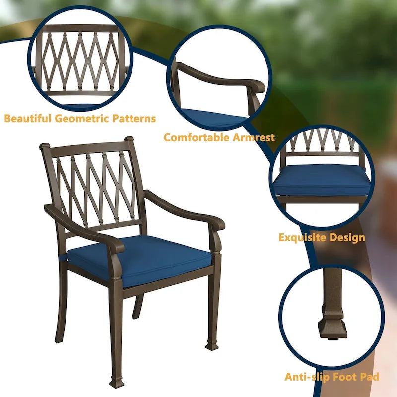 Chaises de salle à manger de patio en aluminium moulé à treillis avec coussins (ensemble de 4)