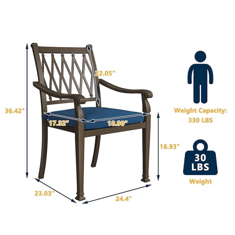Chaises de salle à manger de patio en aluminium moulé à treillis avec coussins (ensemble de 4)