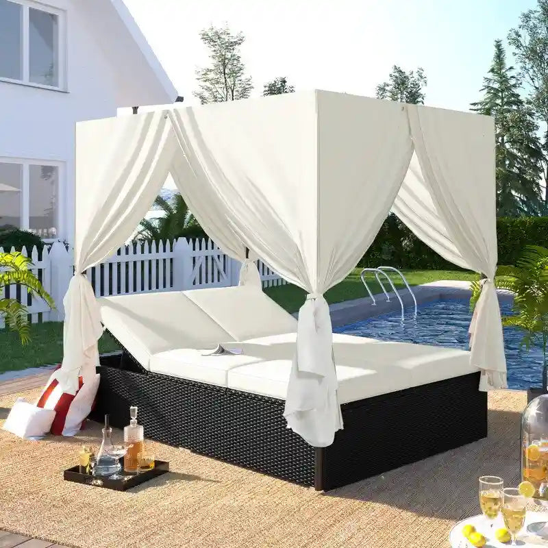 Bain de soleil d'extérieur réglable en résine tressée avec coussins et auvent