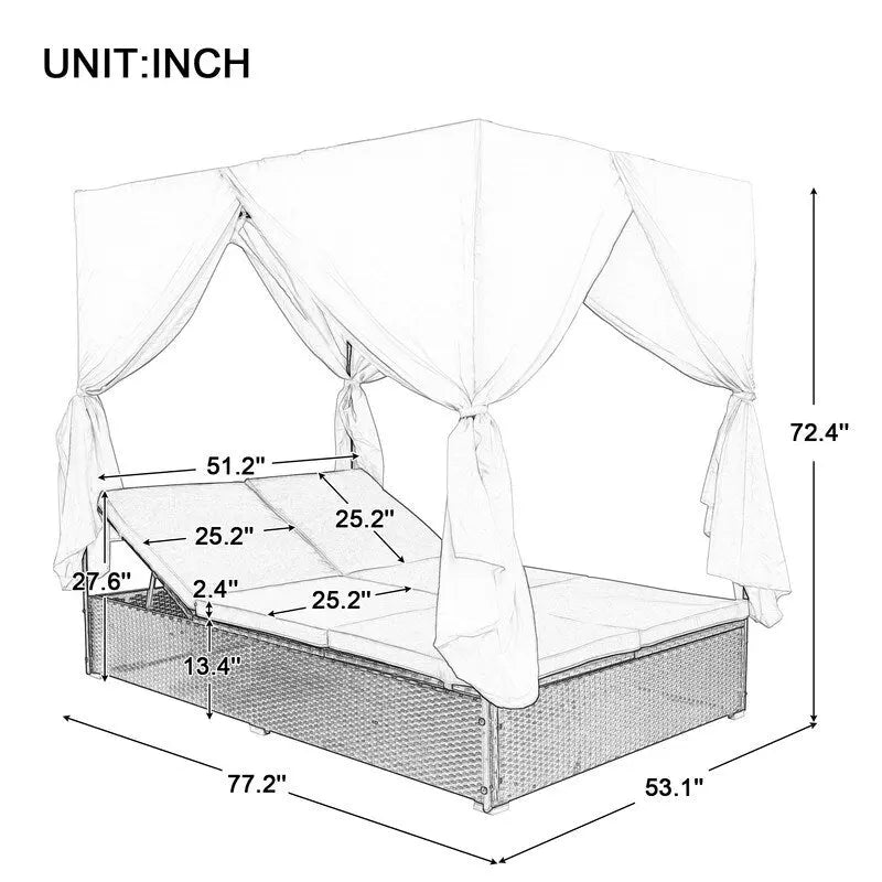 Bain de soleil d'extérieur réglable en résine tressée avec coussins et auvent