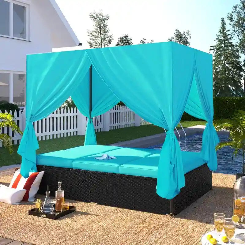 Bain de soleil d'extérieur réglable en résine tressée avec coussins et auvent