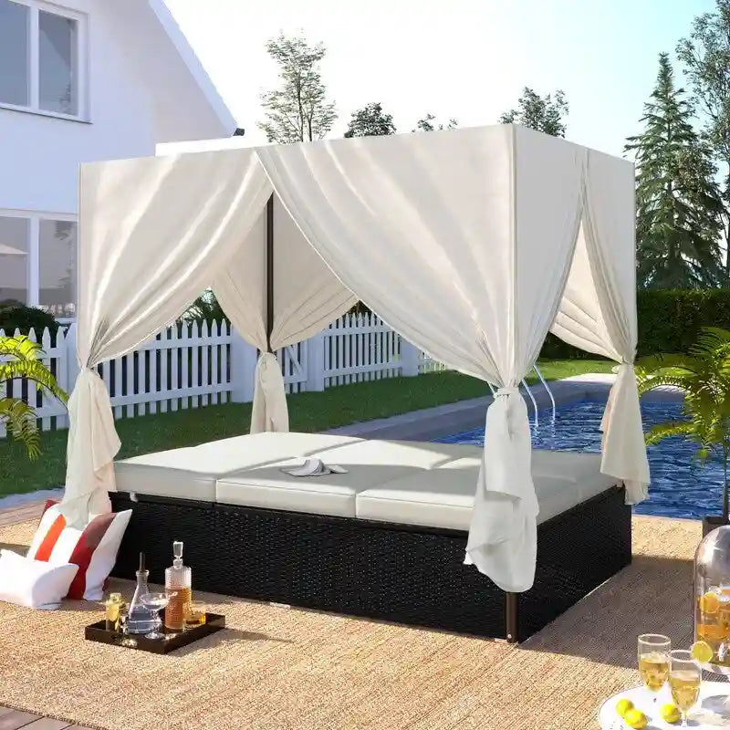 Bain de soleil d'extérieur réglable en résine tressée avec coussins et auvent