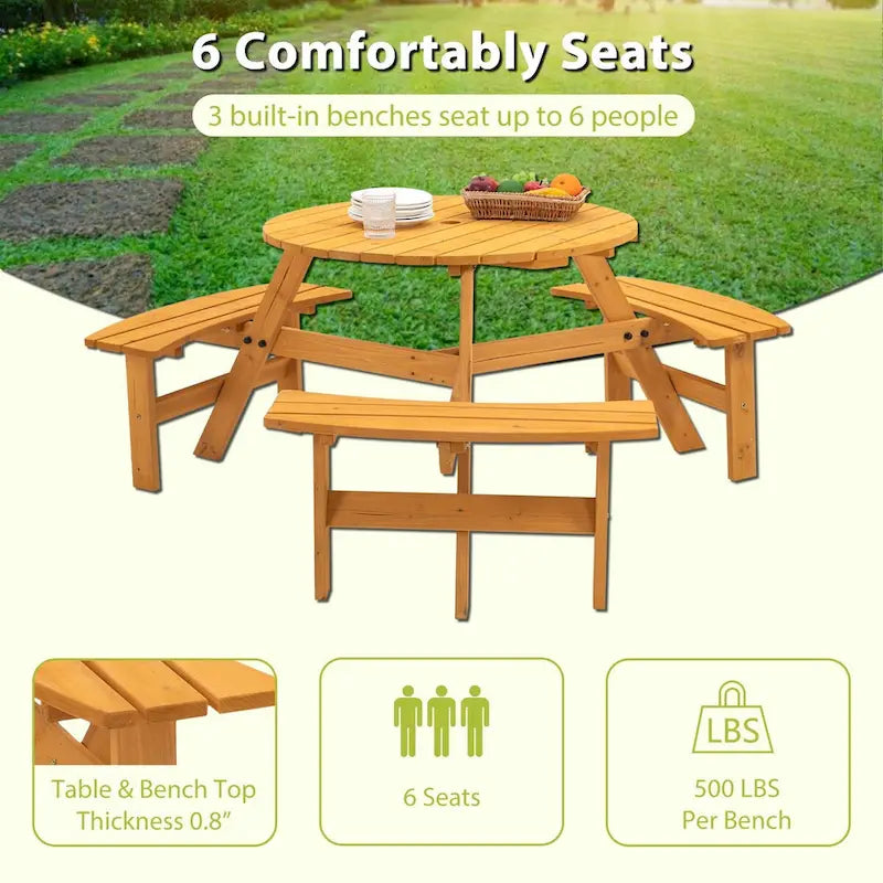 Table de pique-nique ronde en bois pour 6 personnes, idéale pour une terrasse.