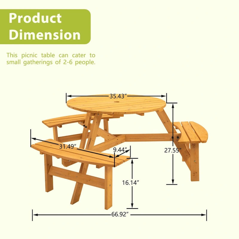 Table de pique-nique ronde en bois pour 6 personnes, idéale pour une terrasse.