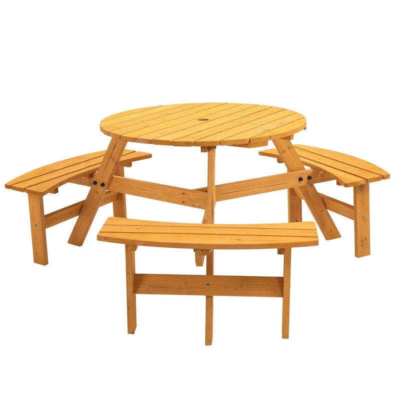 Table de pique-nique ronde en bois pour 6 personnes, idéale pour une terrasse.