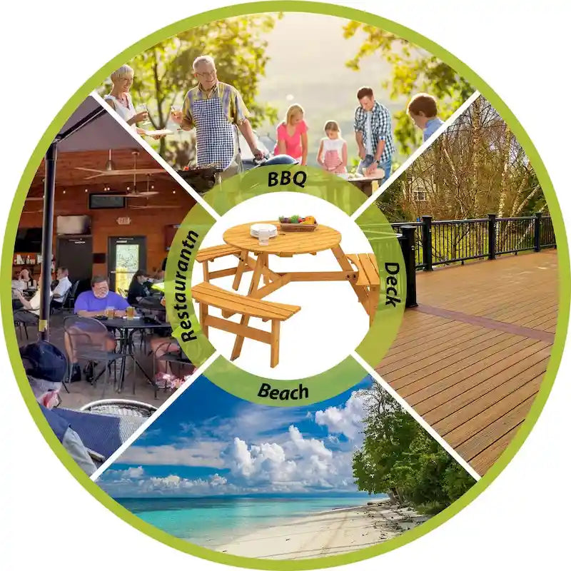 Table de pique-nique ronde en bois pour 6 personnes, idéale pour une terrasse.