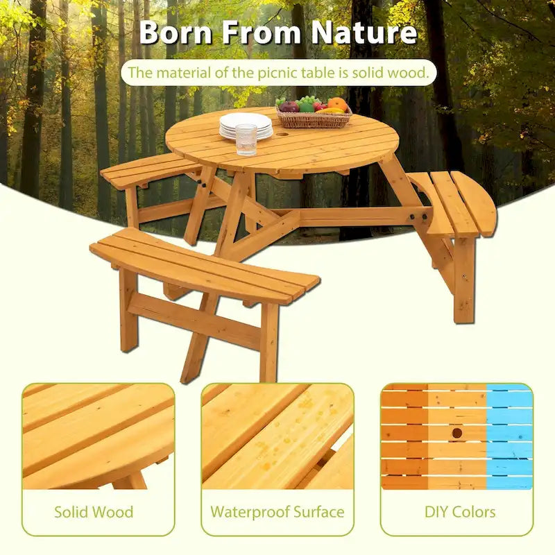 Table de pique-nique ronde en bois pour 6 personnes, idéale pour une terrasse.