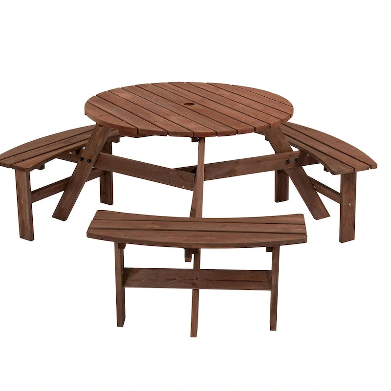 Table de pique-nique ronde en bois pour 6 personnes, idéale pour une terrasse.