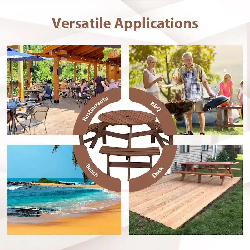 Table de pique-nique ronde en bois pour 6 personnes, idéale pour une terrasse.