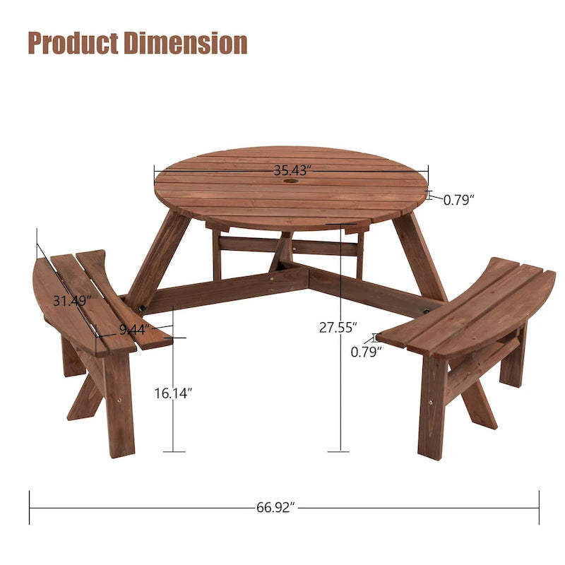 Table de pique-nique ronde en bois pour 6 personnes, idéale pour une terrasse.