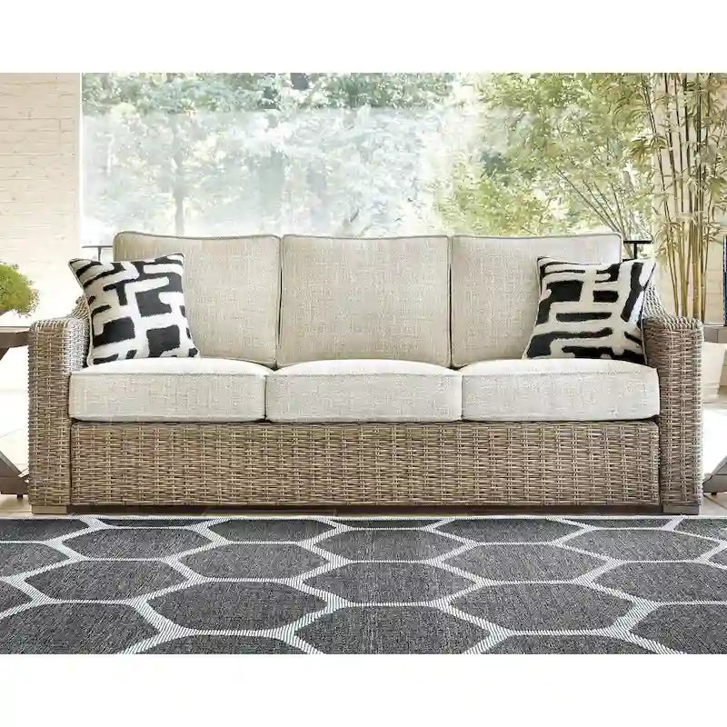 Ensemble canapé d'extérieur, fauteuils et brasero marron/beige Signature Design by Ashley Beachcroft - 83 cm L x 37 cm P x 36 cm H