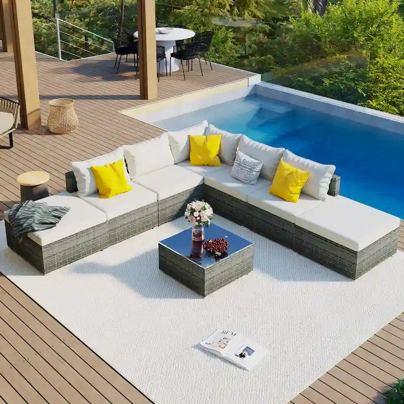 Ensemble de mobilier de patio extérieur élégant 8 pièces avec table en verre trempé