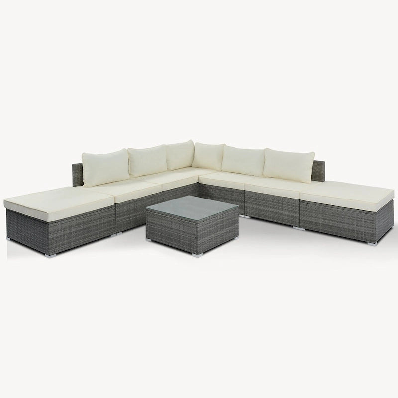 Ensemble de mobilier de patio extérieur élégant 8 pièces avec table en verre trempé