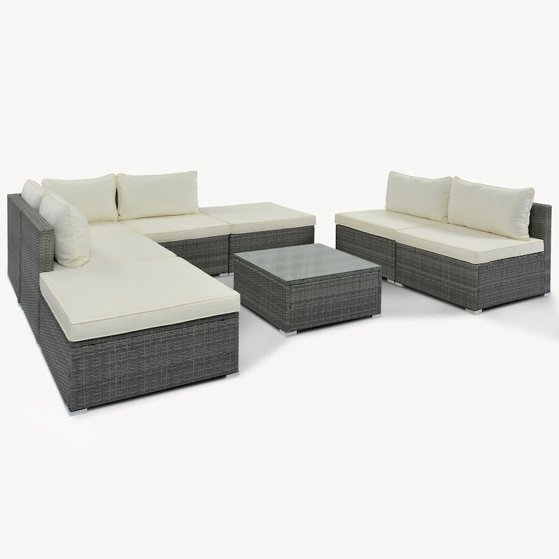 Ensemble de mobilier de patio extérieur élégant 8 pièces avec table en verre trempé