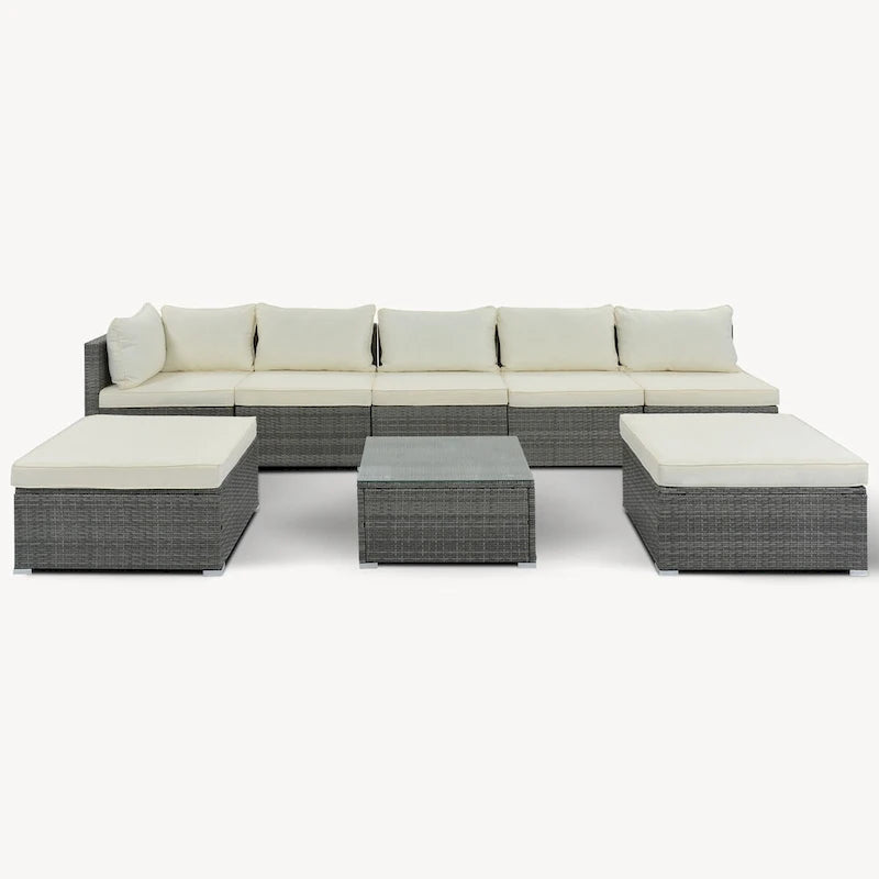 Ensemble de mobilier de patio extérieur élégant 8 pièces avec table en verre trempé
