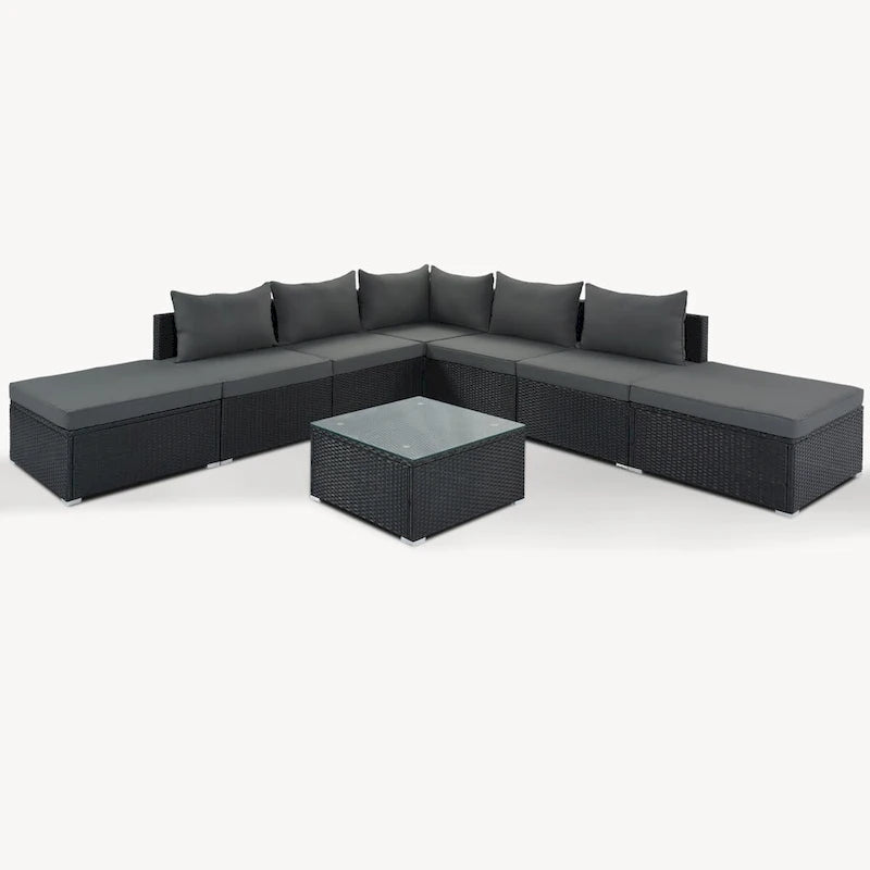 Ensemble de mobilier de patio extérieur élégant 8 pièces avec table en verre trempé
