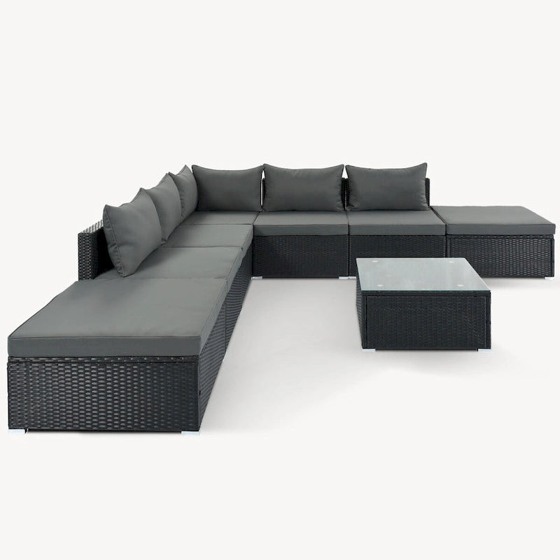 Ensemble de mobilier de patio extérieur élégant 8 pièces avec table en verre trempé