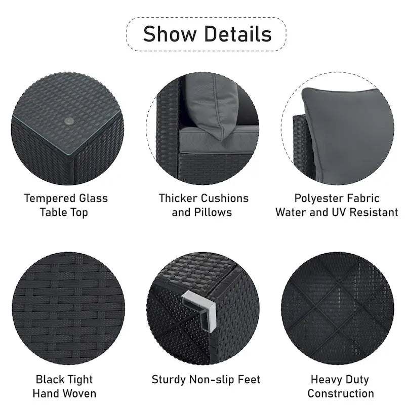 Ensemble de mobilier de patio extérieur élégant 8 pièces avec table en verre trempé