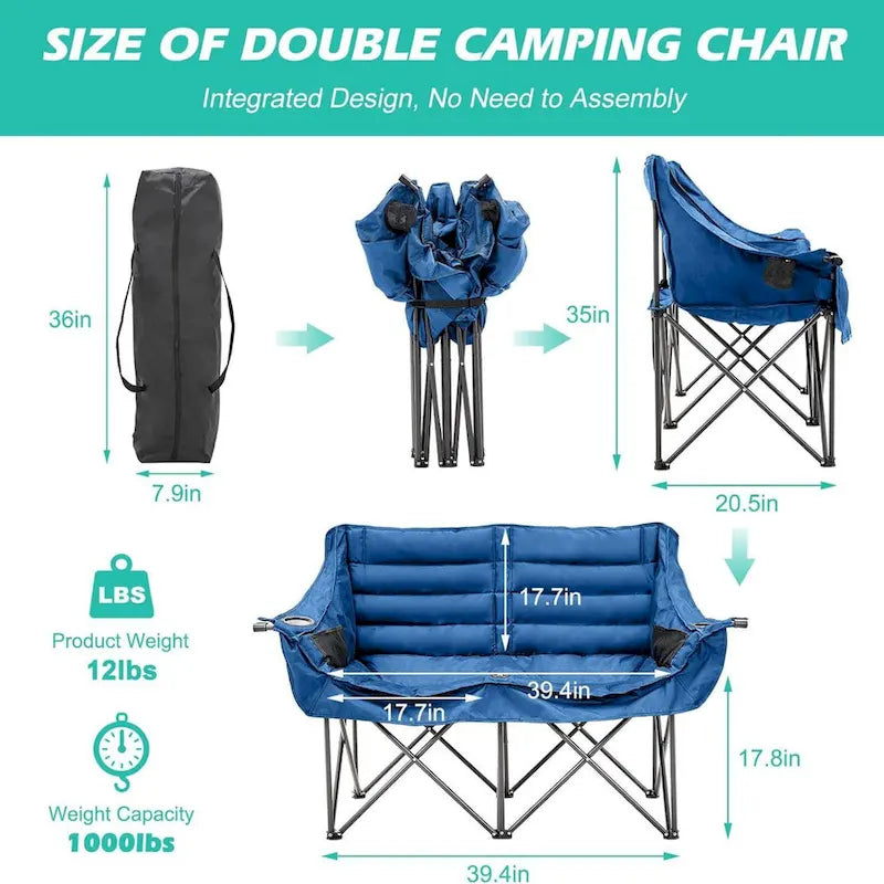 Chaise de camping pliante surdimensionnée 2 personnes DoCred entièrement rembourrée