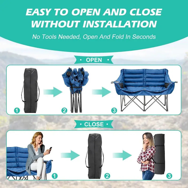 Chaise de camping pliante surdimensionnée 2 personnes DoCred entièrement rembourrée