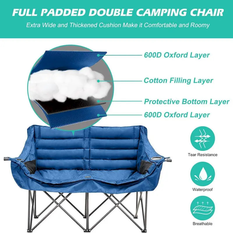Chaise de camping pliante surdimensionnée 2 personnes DoCred entièrement rembourrée