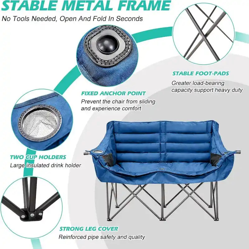 Chaise de camping pliante surdimensionnée 2 personnes DoCred entièrement rembourrée