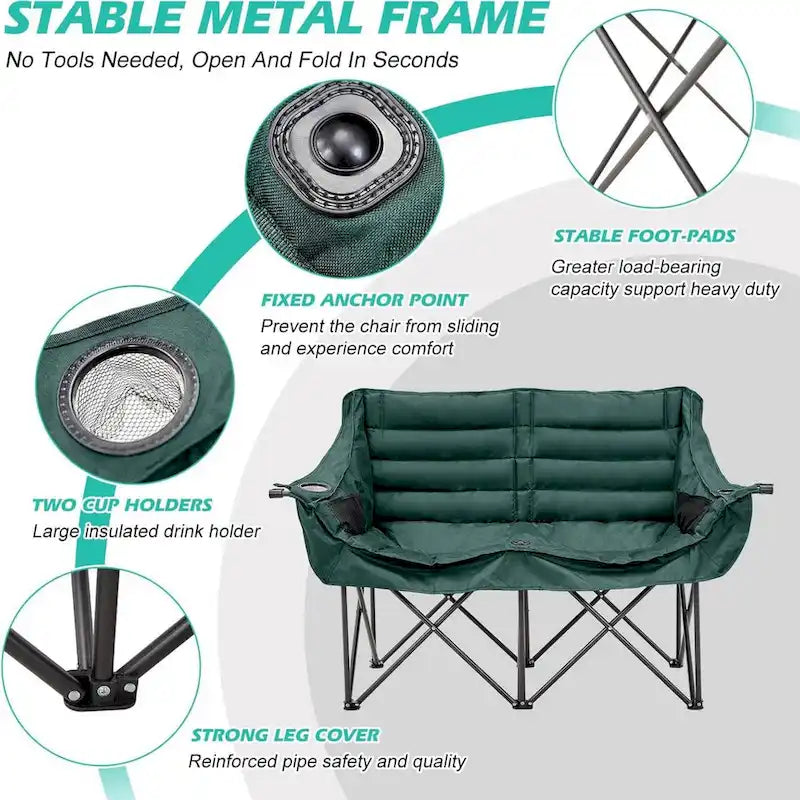 Chaise de camping pliante surdimensionnée 2 personnes DoCred entièrement rembourrée