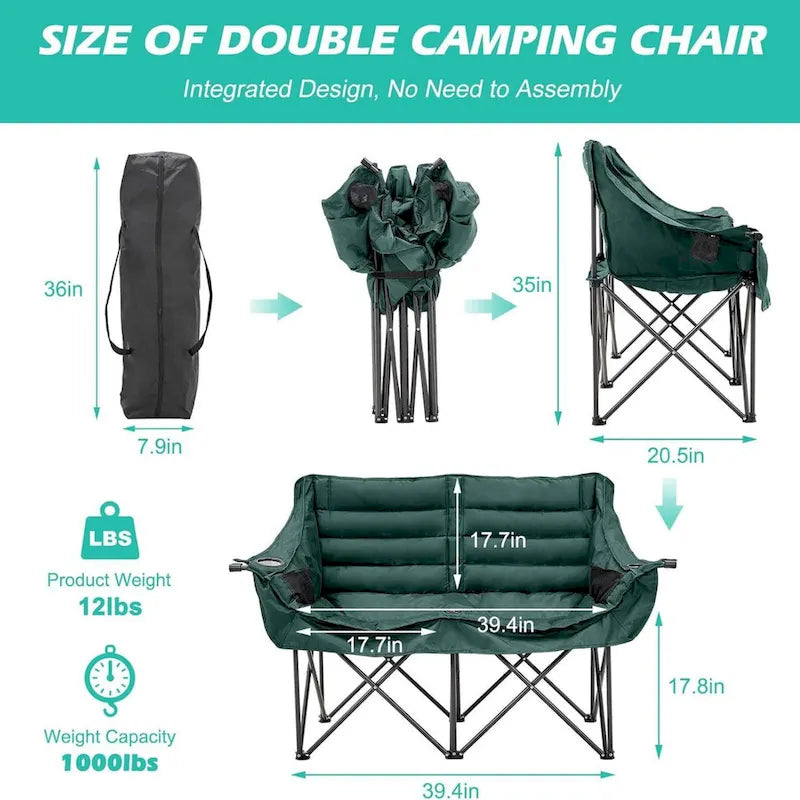 Chaise de camping pliante surdimensionnée 2 personnes DoCred entièrement rembourrée