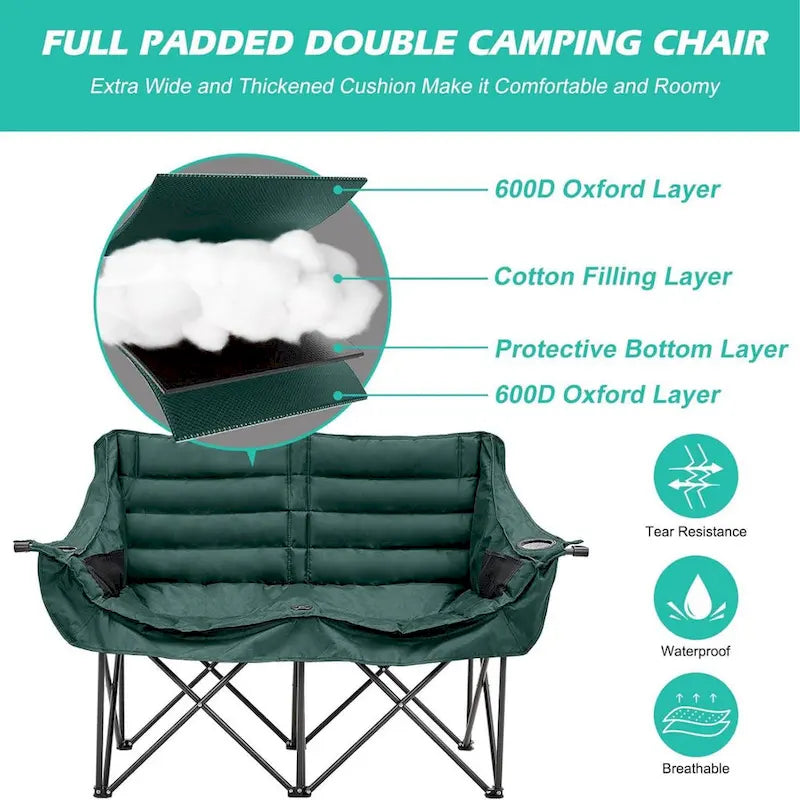 Chaise de camping pliante surdimensionnée 2 personnes DoCred entièrement rembourrée