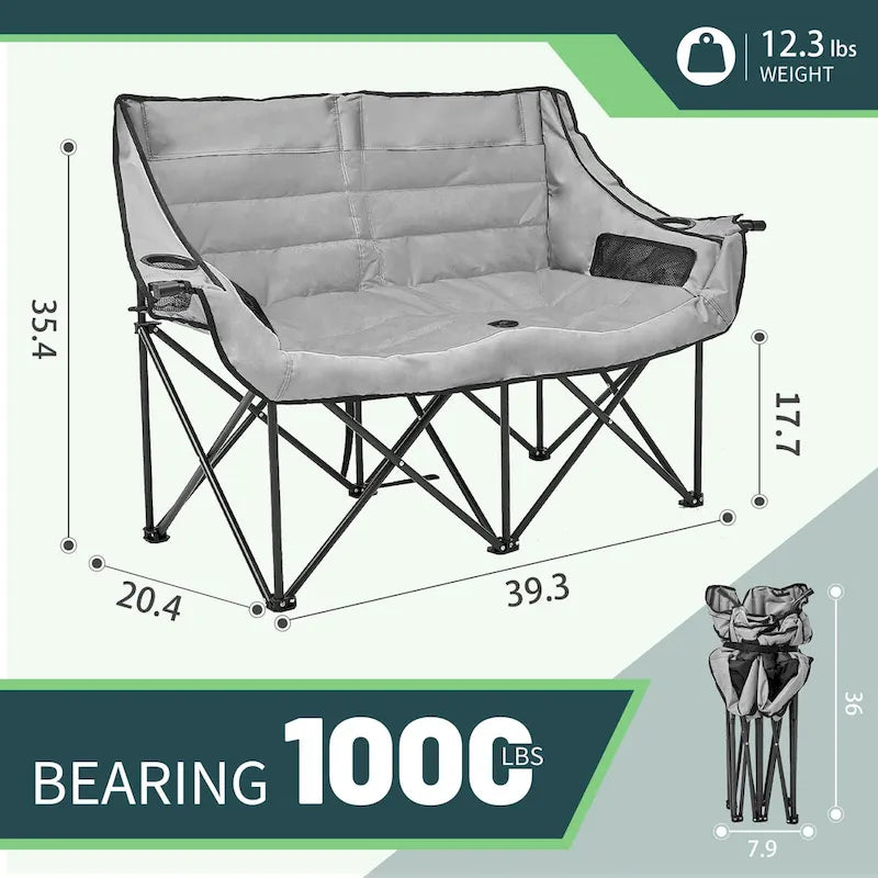Chaise de camping pliante surdimensionnée 2 personnes DoCred entièrement rembourrée