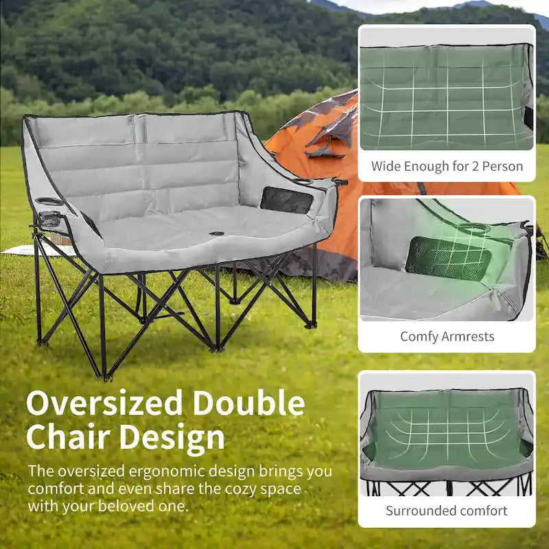 Chaise de camping pliante surdimensionnée 2 personnes DoCred entièrement rembourrée