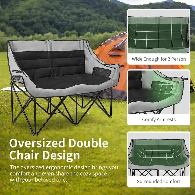 Chaise de camping pliante surdimensionnée 2 personnes DoCred entièrement rembourrée