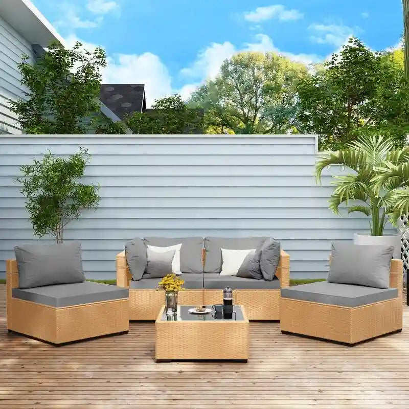 Ensemble de conversation Patio Watcher 5 pièces en rotin jaune avec coussins pour l'extérieur