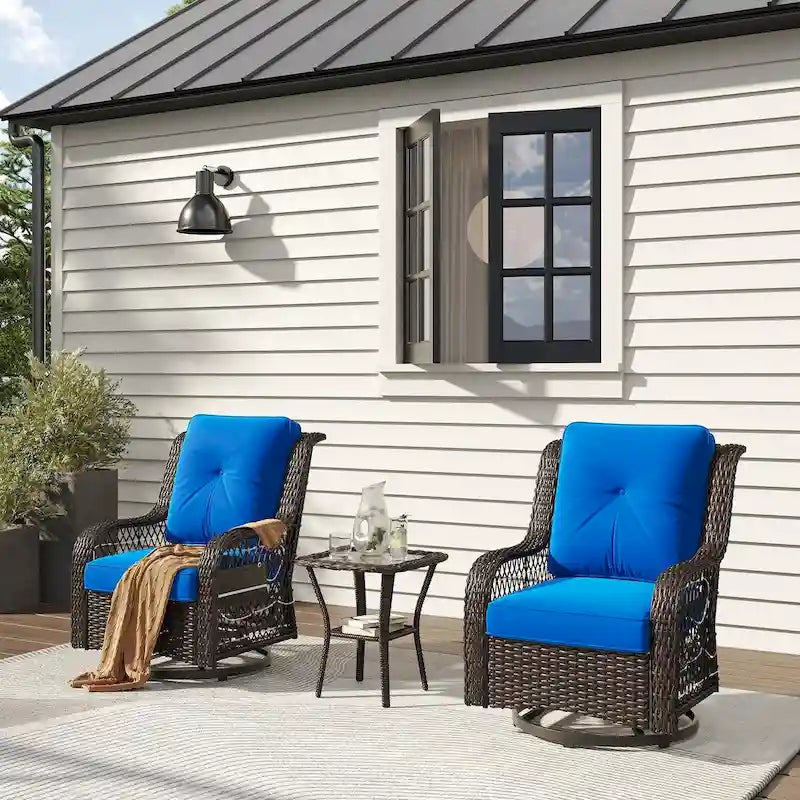 Ensemble de 3 fauteuils à bascule pivotants en rotin tressé avec éclairage LED, coussins et table d'appoint