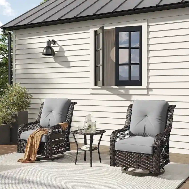 Ensemble de 3 fauteuils à bascule pivotants en rotin tressé avec éclairage LED, coussins et table d'appoint