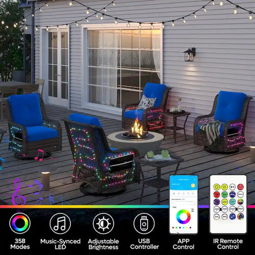Ensemble de 3 fauteuils à bascule pivotants en rotin tressé avec éclairage LED, coussins et table d'appoint