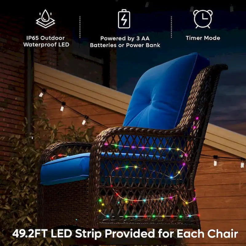 Ensemble de 3 fauteuils à bascule pivotants en rotin tressé avec éclairage LED, coussins et table d'appoint