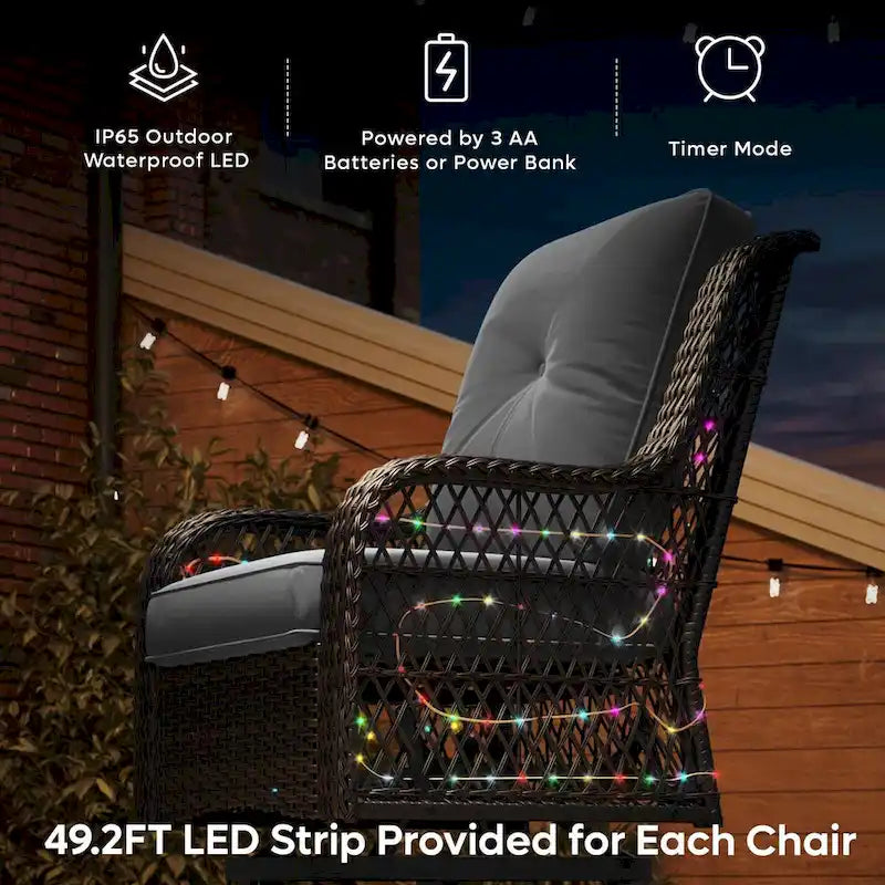 Ensemble de 3 fauteuils à bascule pivotants en rotin tressé avec éclairage LED, coussins et table d'appoint