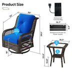 Ensemble de 3 fauteuils à bascule pivotants en rotin tressé avec éclairage LED, coussins et table d'appoint