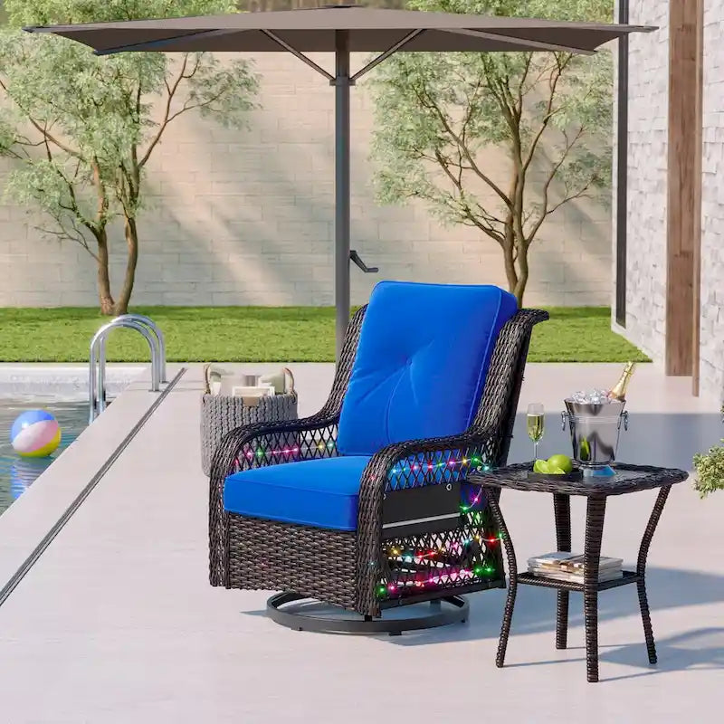 Ensemble de 3 fauteuils à bascule pivotants en rotin tressé avec éclairage LED, coussins et table d'appoint