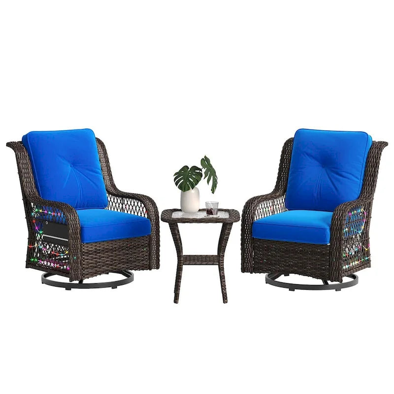 Ensemble de 3 fauteuils à bascule pivotants en rotin tressé avec éclairage LED, coussins et table d'appoint
