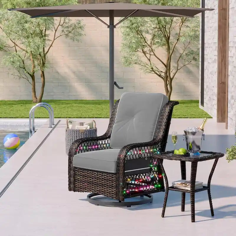 Ensemble de 3 fauteuils à bascule pivotants en rotin tressé avec éclairage LED, coussins et table d'appoint
