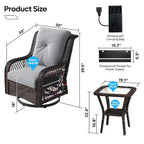 Ensemble de 3 fauteuils à bascule pivotants en rotin tressé avec éclairage LED, coussins et table d'appoint