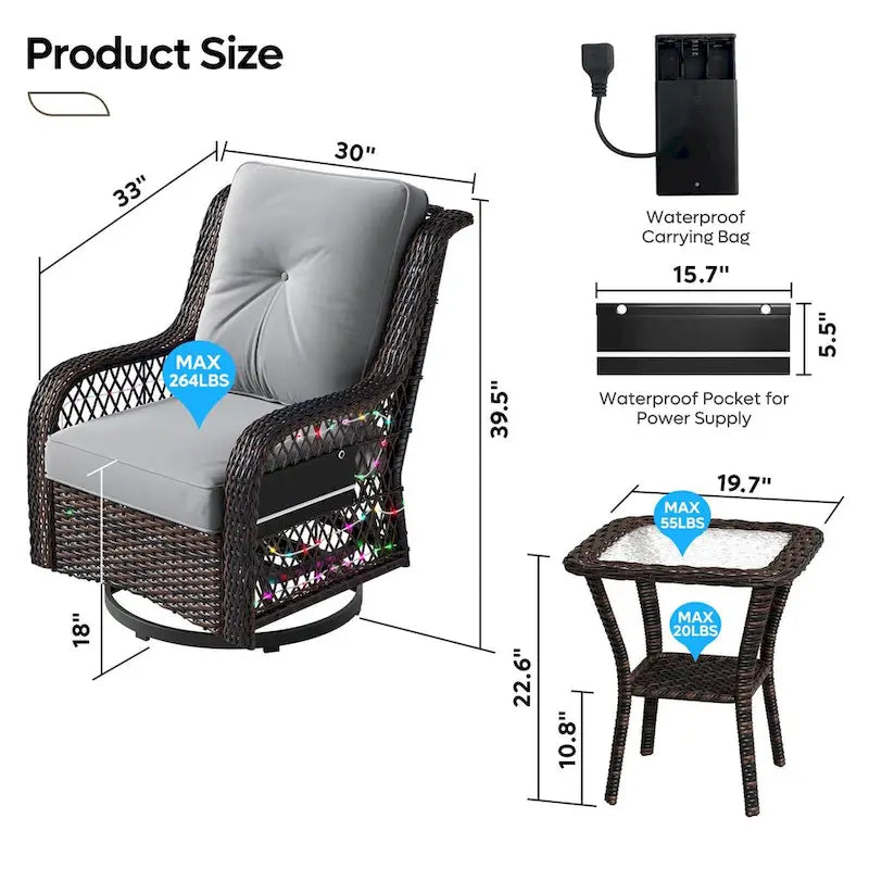 Ensemble de 3 fauteuils à bascule pivotants en rotin tressé avec éclairage LED, coussins et table d'appoint