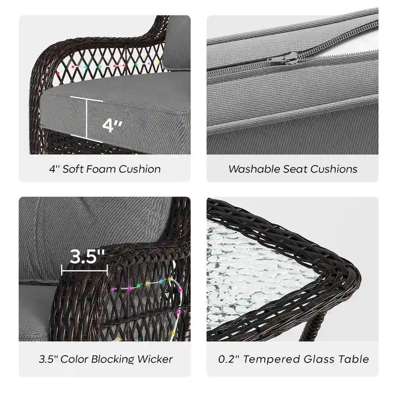 Ensemble de 3 fauteuils à bascule pivotants en rotin tressé avec éclairage LED, coussins et table d'appoint
